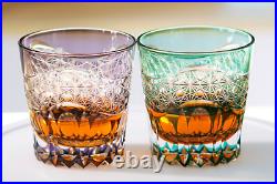 1 Set Of 2Pcs Vintage Hand Cut Crystal Whiskey Glasses Drinkware Green&Purple