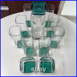 11pc VTG MCM Luigi Bormioli Crystal CLEAR/GREEN Set 10 Glasses and 1 Decanter