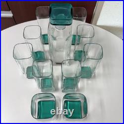 11pc VTG MCM Luigi Bormioli Crystal CLEAR/GREEN Set 10 Glasses and 1 Decanter