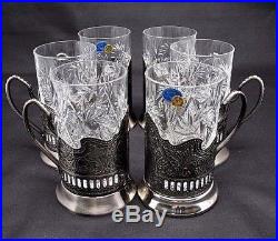 12-pc Russian Tea Set, Crystal Glasses with Metal Podstakannik for Hot/Cold Drinks