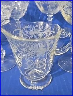 15 Pc FOSTORIA CORSAGE PATTERN CHAMPAGNE /& Liquor COCKTAIL GLASSES +1 Creamer