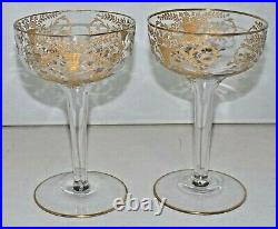 1930's HOLLOW STEM CAMBRIDGE PORTIA GOLD ETCH COUPE CHAMPAGNE GLASS-SET two