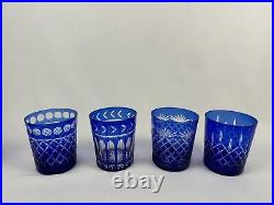 1970's Baccarat Sapphire Set 8 Vintage Whiskey Glass Tumblers, Blue Cut Crystal