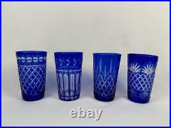 1970's Baccarat Sapphire Set 8 Vintage Whiskey Glass Tumblers, Blue Cut Crystal