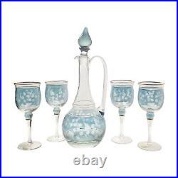 1970s 5-Piece Crystal Blue Floral Etched Decanter & Wine Glass Set, Bohemian