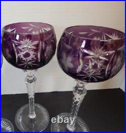 2 Bohemian WINE GLASSES GOBLETS Set Cut to Crystal Clear Purple Amethyst Hungary