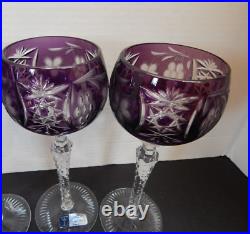 2 Bohemian WINE GLASSES GOBLETS Set Cut to Crystal Clear Purple Amethyst Hungary