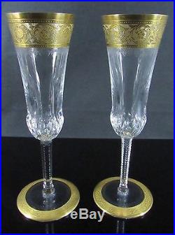 2 Saint St Louis French Crystal THISTLE Champagne Flutes Glass Set 24k Gold 7.5