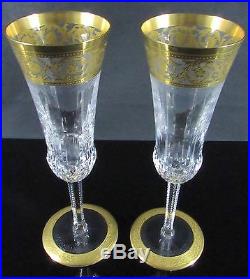 2 Saint St Louis French Crystal THISTLE Champagne Flutes Glass Set 24k Gold 7.5