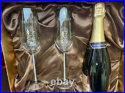 2020 T Champagne Flute Set Custom Etched as Shown with Opening for a Bottle of Cha