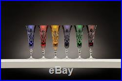 24% Lead Crystal Set of 6 Champagne Glasses in Mutticolor withPineapple Cut