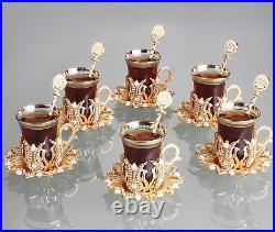 24 Pcs Stunning Turkish Crystal Tea Glasses Holders Saucers Set of 6, Gold, 3 Oz