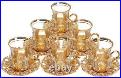 24 Pcs Stunning Turkish Crystal Tea Glasses Holders Saucers Set of 6, Gold, 3 Oz