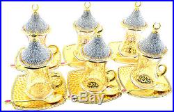 24 Pcs Turkish Tea Glasses Saucers Spoons Lids Set, Decorated with Crystals, Gold