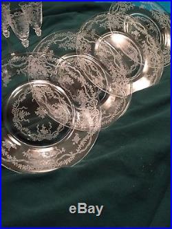 24 piece set of Fostoria ROMANCE crystal, glasses, plates, sugar, creamer