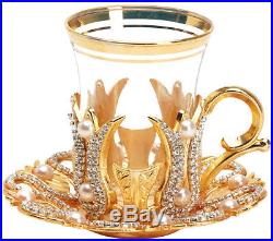 25 Pcs Turkish Tea Glasses Saucers Spoon Tray Set, Decorated w Crystals & Pearls