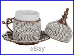 27 Pc Turkish Coffee Cups Saucers Lids Bowl Tray Set, Decorated with Crystals