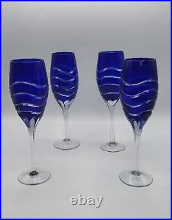 4 AJKA Wellen Bohemian Crystal Cut To Clear Cobalt Blue Champagne Flutes