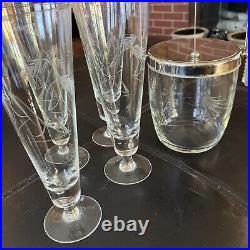 4 Vintage Crystal Etched Sasaki Wheat Pilsner Glasses WithIce Bucket-Set