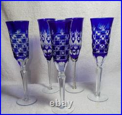 5 Bohemian Czech Cobalt Blue Cut Wine Stem Champagne Flute Glass Checker Set