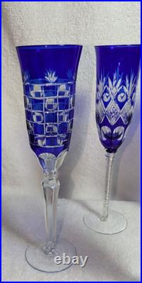 5 Bohemian Czech Cobalt Blue Cut Wine Stem Champagne Flute Glass Checker Set