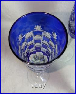 5 Bohemian Czech Cobalt Blue Cut Wine Stem Champagne Flute Glass Checker Set