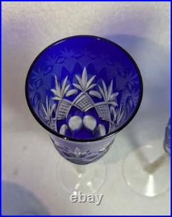 5 Bohemian Czech Cobalt Blue Cut Wine Stem Champagne Flute Glass Checker Set