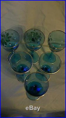 6 Piece Set, Vintage Hungarian Hand Blown Blue Crystal Wine Glasses