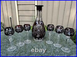 7 Pc Cut Crystal Nachtmann Traube Amethyst Decanter & 6 Cordial Glass Set