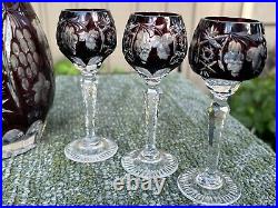 7 Pc Cut Crystal Nachtmann Traube Amethyst Decanter & 6 Cordial Glass Set