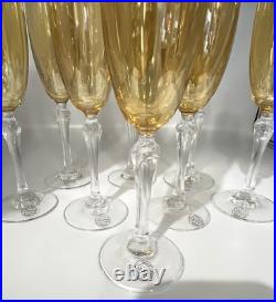 8 Bohemian Czech Crystal Champagne Flutes Wine Glass Amber Colony Stemware