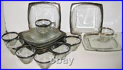 8 Vintage Dorothy Thorpe Silver Band Crystal Glass Square Snack Plate & Cup Sets