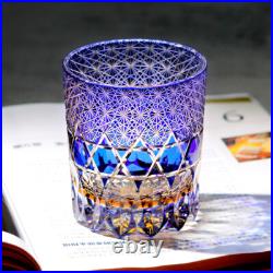 A Set of 2pcs Hand Cut Blue 9oz Edo Kiriko Crystal Whiskey Glasses Gift Packing