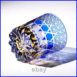 A Set of 2pcs Hand Cut Blue 9oz Edo Kiriko Crystal Whiskey Glasses Gift Packing