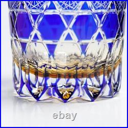 A Set of 2pcs Hand Cut Blue 9oz Edo Kiriko Crystal Whiskey Glasses Gift Packing