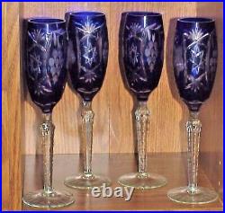 A Vintage Cobalt Blue, Bohemian Cut To Clear Crystal, Champagne Flutes, Set of 4