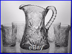 AMERICAN BRILLIANT CUT GLASS CRYSTAL ANTIQUE PAIRPOINT PITCHER SET 1900S ABP