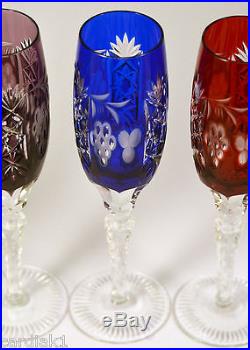 Ajka Crystal Champagne Glasses MARSALA Cut to Clear Multi color set of 4 Hungary