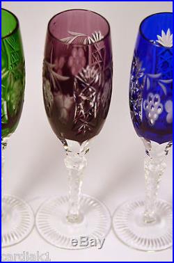 Ajka Crystal Champagne Glasses MARSALA Cut to Clear Multi color set of 4 Hungary