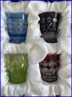 Ajka Cut to Clear Glass Faberge Odessa Set of 4 Whiskey Tumblers In Velvet Case