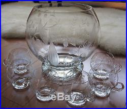 Amazing Tiffany Crystal Lily of the Valley Etched Punch Set with6 Punch Cups