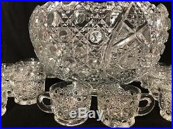 American Brilliant Cut Glass Crystal Complete Punch Bowl Set 18 Cups-Hobstars