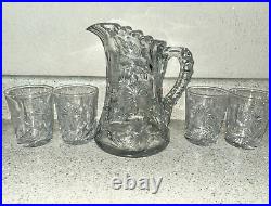 Antique ABP Cut Glass Water Set Pitcher with 4 Tumblers Cut Thistle & Cosmos