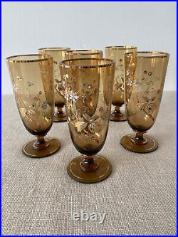 Antique Bohemian Moser Amber Gilt Hand Painted Enamel Water Glass set of 6