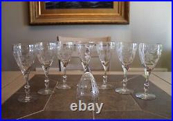 Antique Crystal Etched Stemmed Wine Glasses Set of 8 Floral Design 7.75 Tall