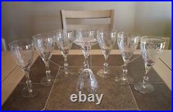 Antique Crystal Etched Stemmed Wine Glasses Set of 8 Floral Design 7.75 Tall