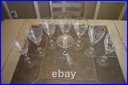 Antique Crystal Etched Stemmed Wine Glasses Set of 8 Floral Design 7.75 Tall