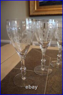 Antique Crystal Etched Stemmed Wine Glasses Set of 8 Floral Design 7.75 Tall