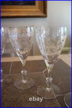 Antique Crystal Etched Stemmed Wine Glasses Set of 8 Floral Design 7.75 Tall