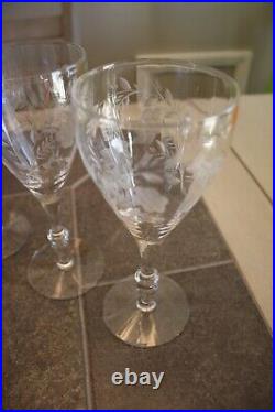 Antique Crystal Etched Stemmed Wine Glasses Set of 8 Floral Design 7.75 Tall